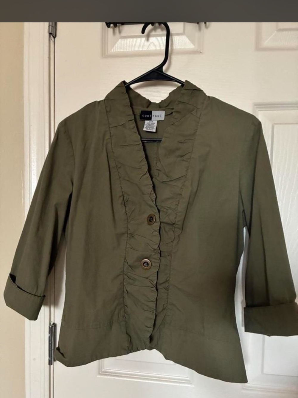 Contrast Olive Ruffle-Trim Cotton Blazer